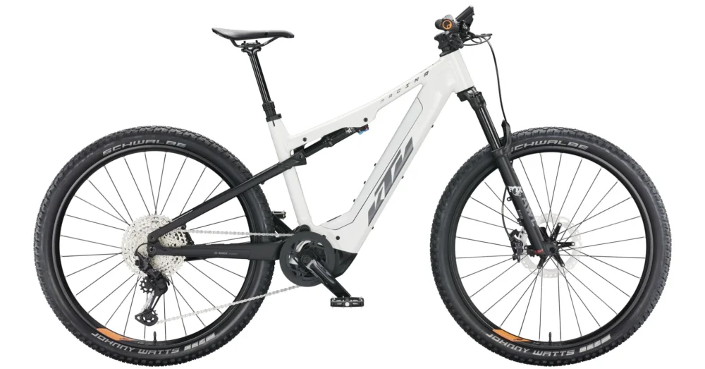 Olcsó KTM MACINA CHACANA 791 METALLIC WHITE (BLACK+GREY+ORANGE) FÉRFI ELEKTROMOS ÖSSZTELESZKÓPOS MTB KERÉKPÁR 2022