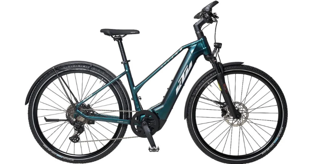 Akciós ár KTM MACINA CROSS LFC TRAPÉZ GREENPURPLE-FLIP MATT (SILVER+BLUE) NŐI ELEKTROMOS CROSS KERÉKPÁR 2022