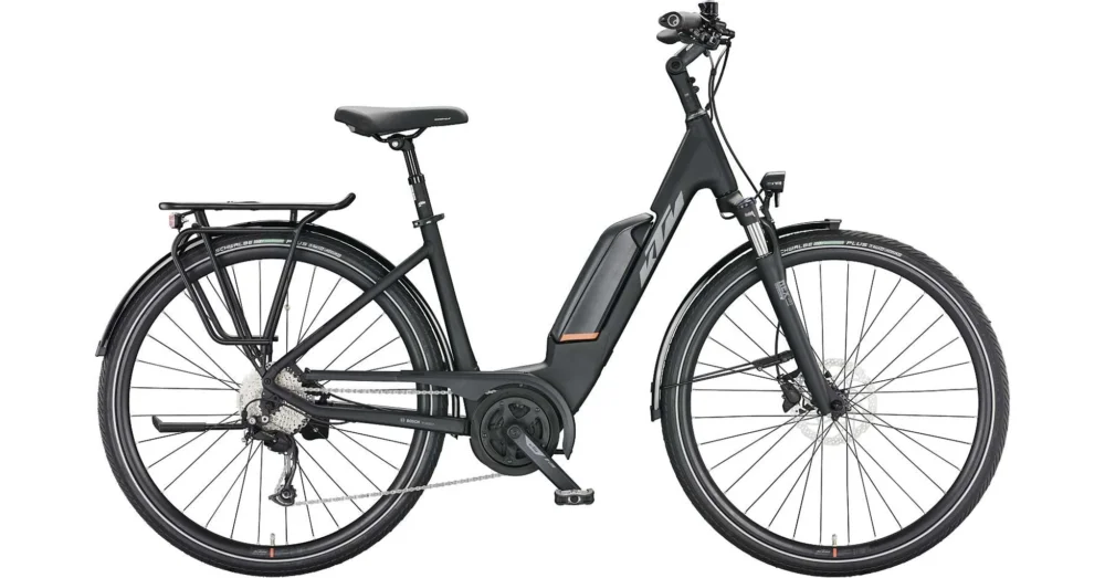 KTM MACINA FUN A510 EASY ENTRY BLACK MATT (GREY+ORANGE) UNISEX ELEKTROMOS TEKKING KERÉKPÁR 2023 Expressz szállítás