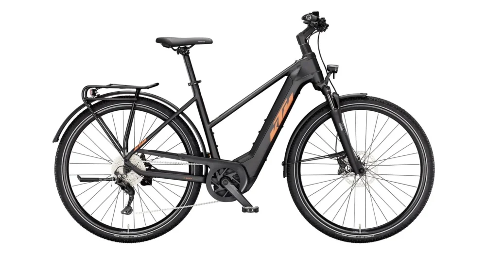 Prémium KTM MACINA SPORT CX750 LTD64 BLACK MATT(ORANGE+WHITE) 2024 NŐI ELEKTROMOS TREKKING KERÉKPÁR