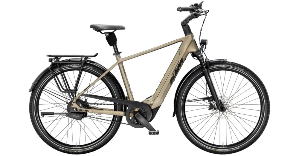 Kedvezmény KTM MACINA CITY 810 BELT OLIVE PEARL MATT (BLK+ORANGE) 2025 FÉRFI ELEKTROMOS CITY TREKKING KERÉKPÁR